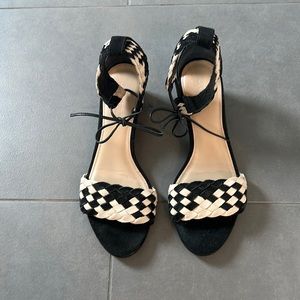 JCrew Suede Black&Cream ankle strapped short wedge, size 6